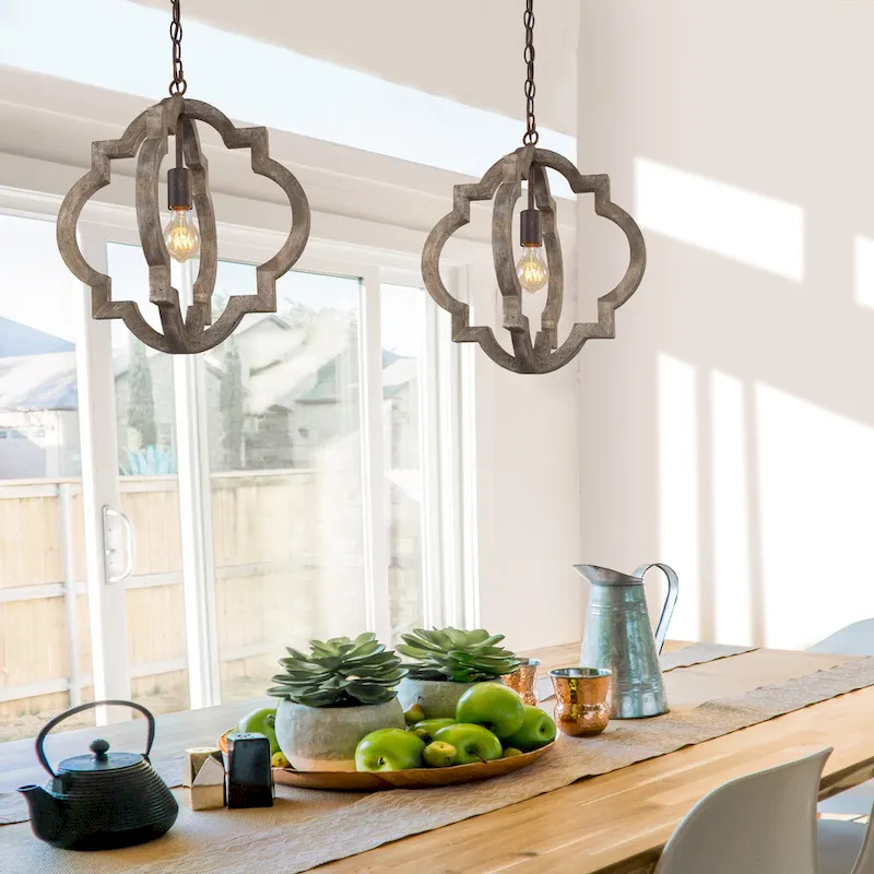 Farmhouse 1-Light Wood Lantern Chandelier Kitchen Island Pendant Lights - D 16 x H 17.5