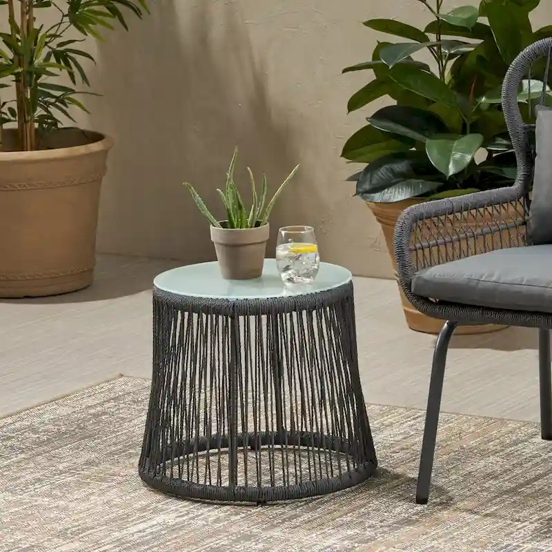 Southport Outdoor Steel and Rope Side Table with Tempered Glass Table Top by Christopher Knight Home