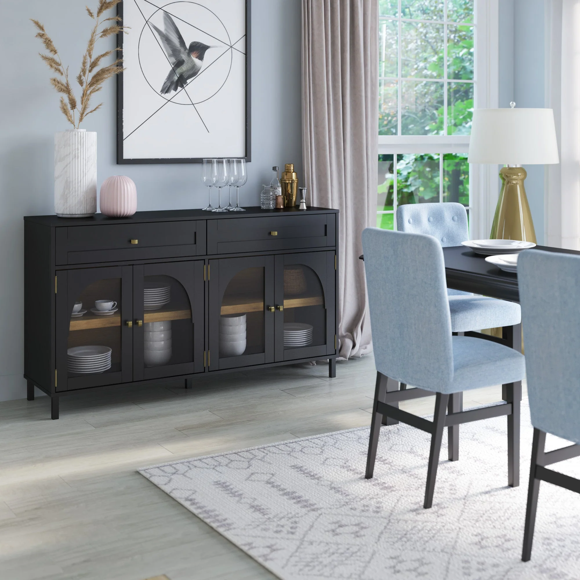 Modern Two?Tone Double Glass?Door Cabinets Buffet Sideboard