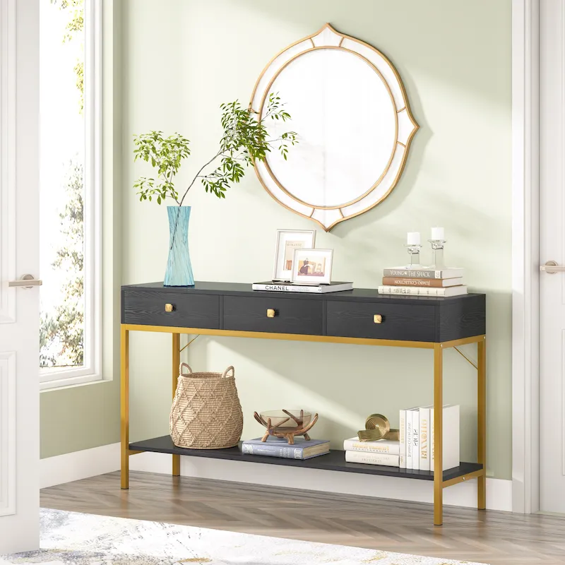 VANOMi 54.33 Console Table with 3 Drawers, Black Entryway Table with Storage Shelves