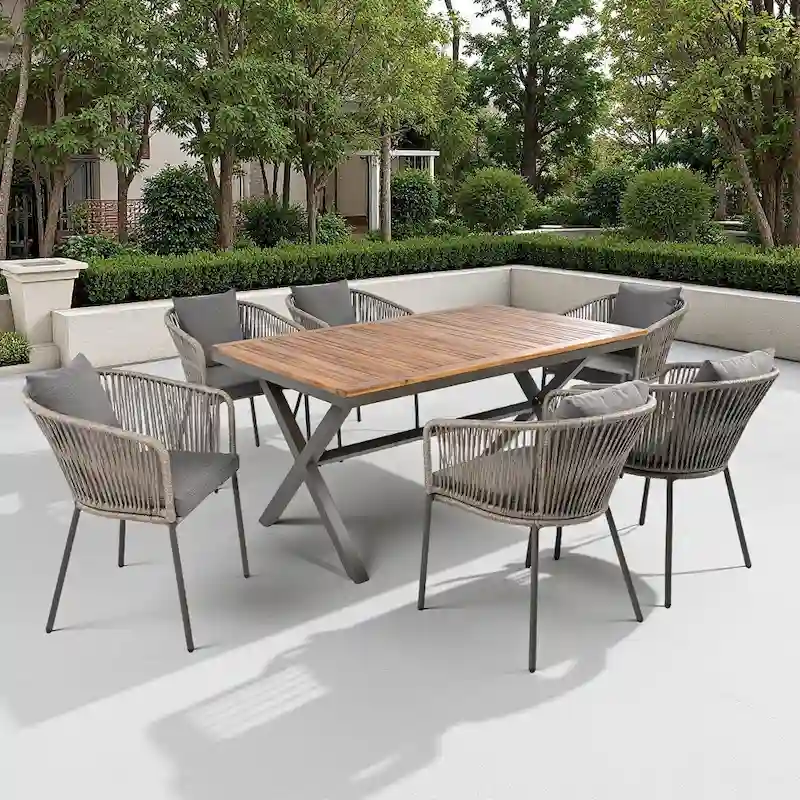 7-Piece Outdoor Patio Metal Frame Dining Set with 6 Cushioned Chairs and Acacia Wood Tabletop