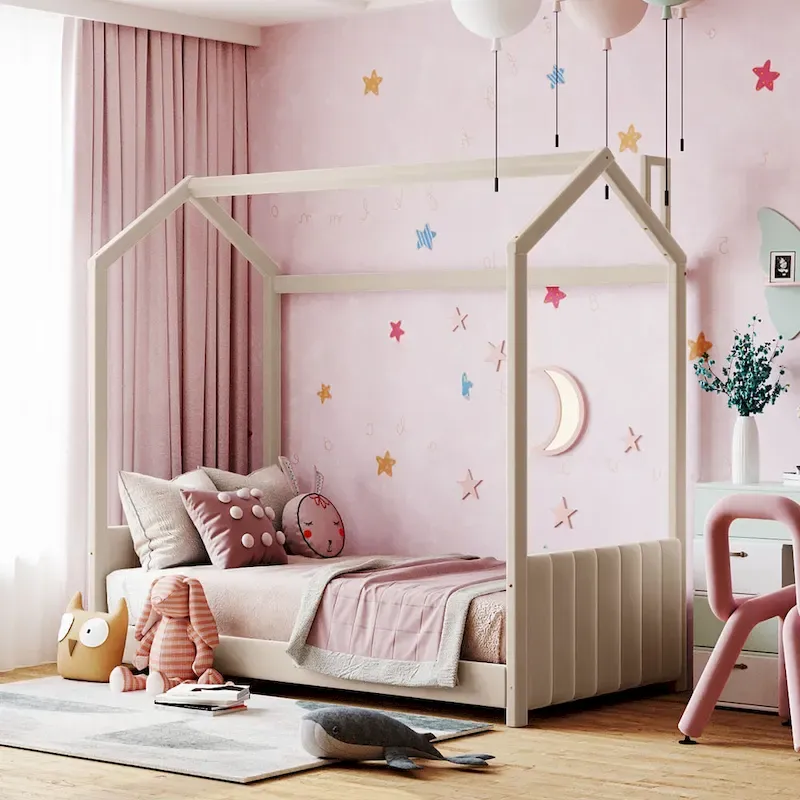 Twin Size Modern Canopy Bed with Striped Headboard & Roof Design