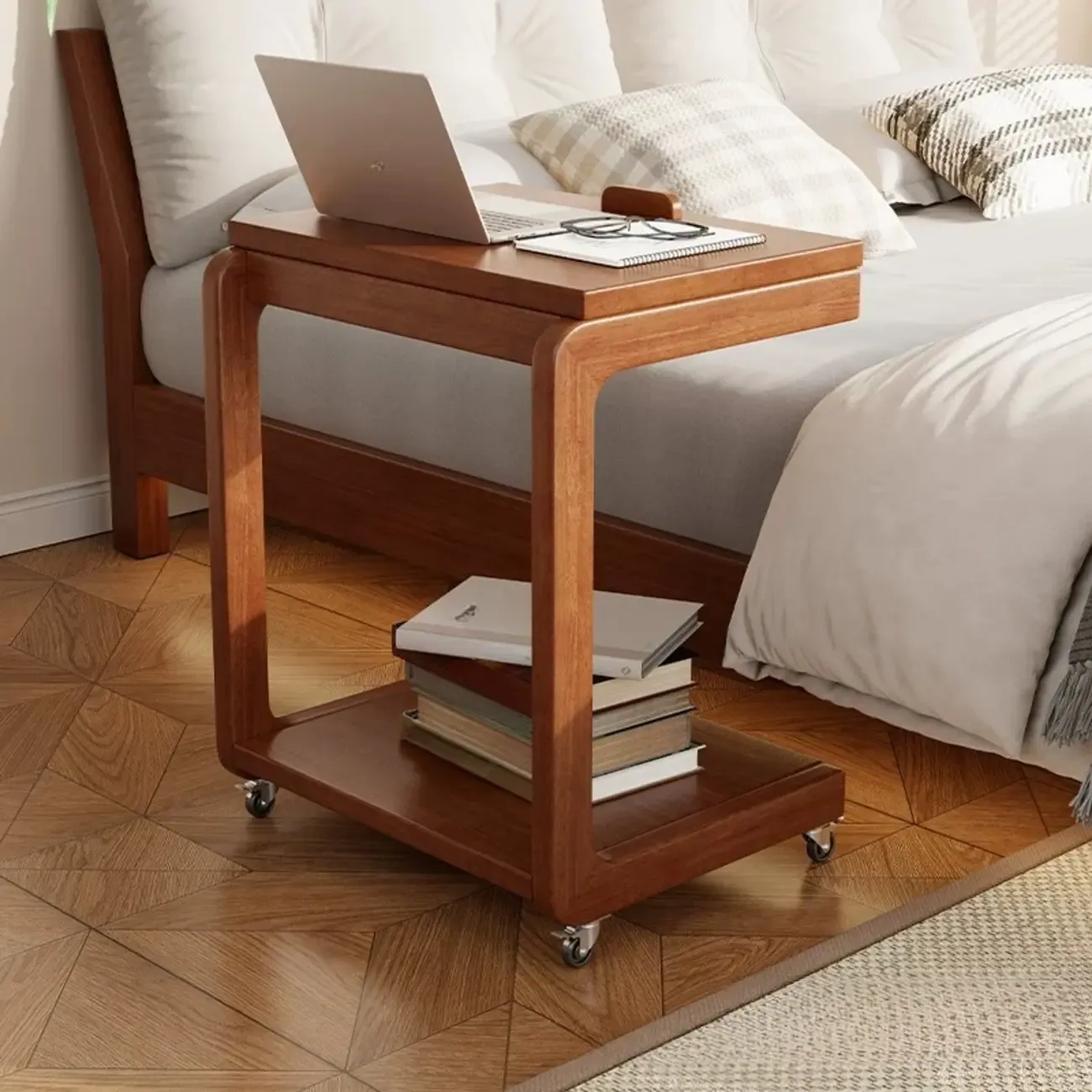 Adjustable Tabletop Wood C Shaped Side Table with Wheels