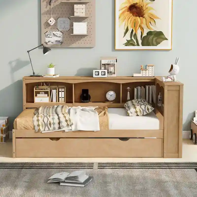 Twin Size Daybed with Trundle,Storage Cabinets and USB Ports
