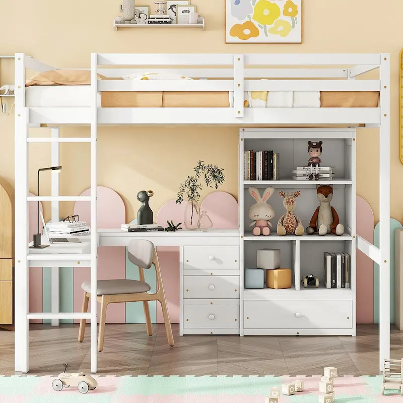 Full Size Wood Loft Bed with L Shaped Desk,Storage Shelves and Drawers