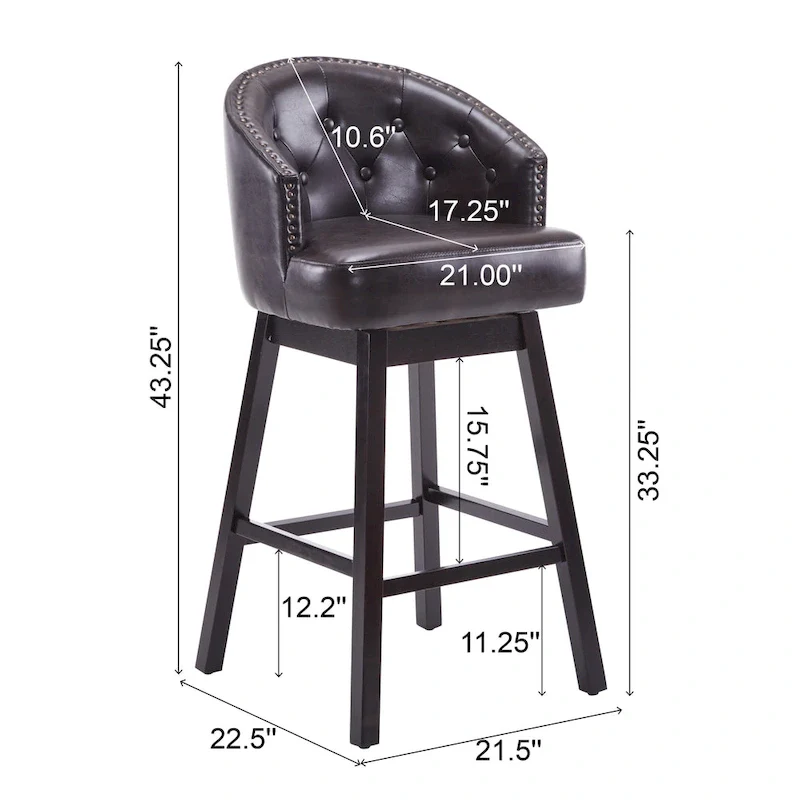 Roomfitters 33.25 Swivel Upholstered Counter Stools, Set of 2 Armless Bar Chairs with Rubberwood Frame and Footrest