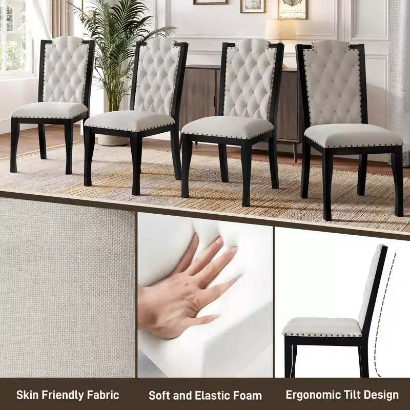 Beige Linen High Back Dining Chair, Button Tufted, Set of 4