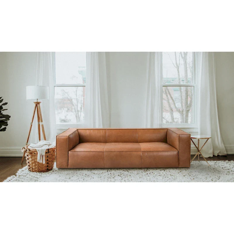 Brown/Light Brown Genuine Aniline Leather Sofa, Square Arms, 100