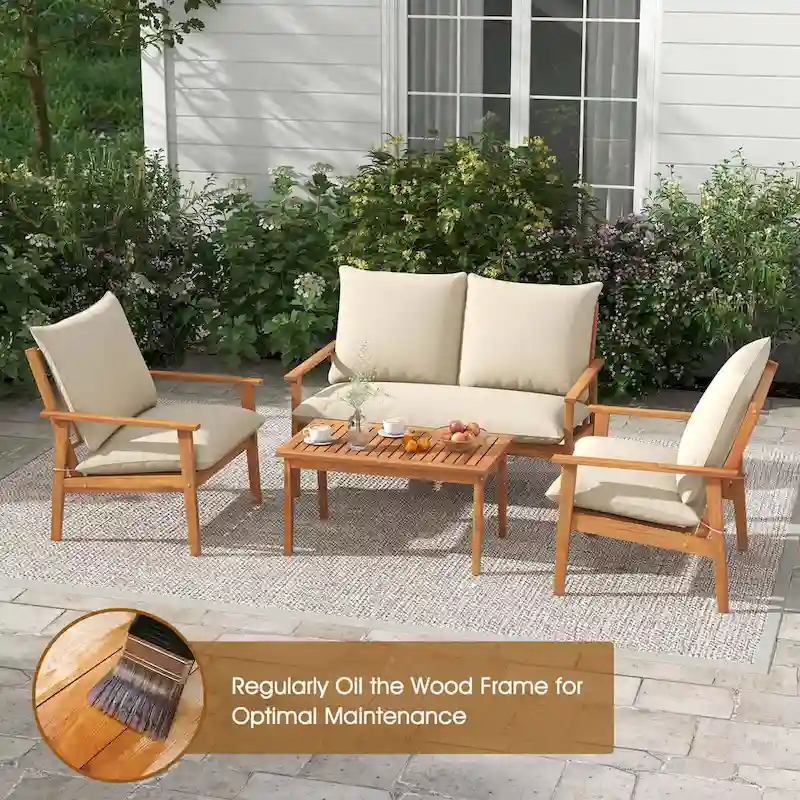 Costway 4 PCS Acacia Wood Patio Furniture Set with Soft Cushions and - See Details