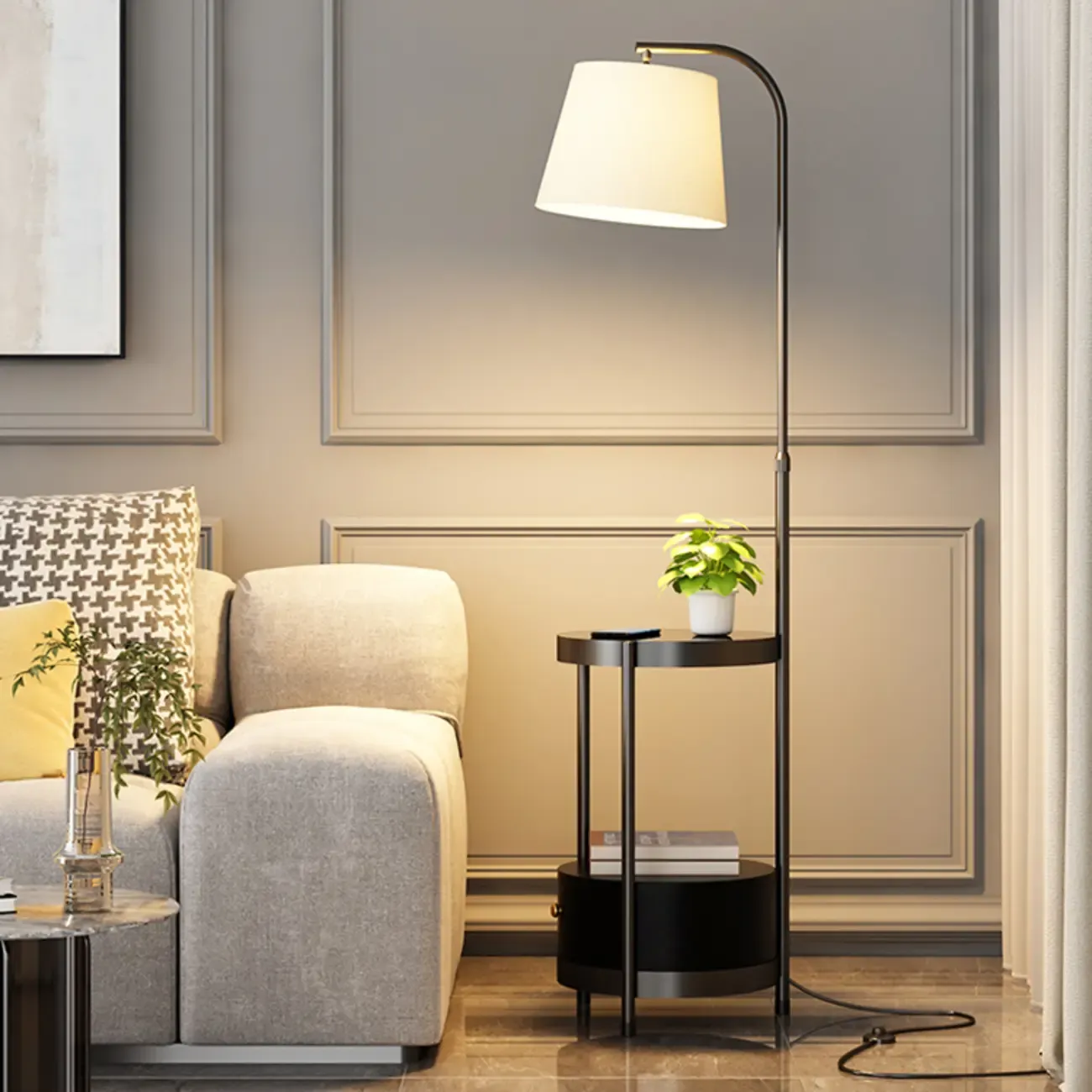 Arc Floor Lamp with Shelves and Fabric Shade for Living Room