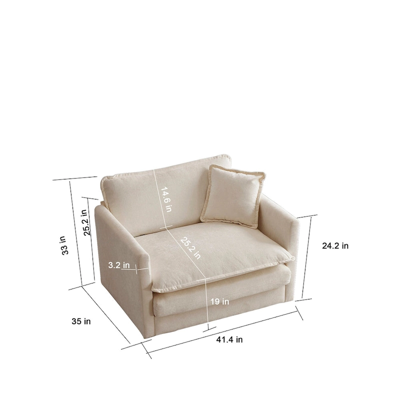 Beige Chenille Single Sofa with Ottoman and Double Cushion Seat