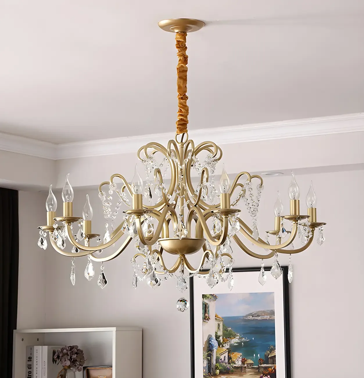 French Curved Arms Gold Crystal Candelabra Chandeliers