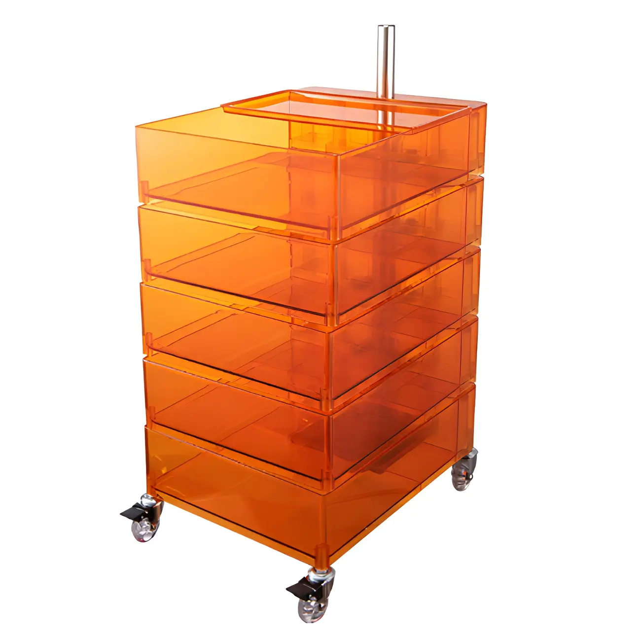 Vibrant Yellow Transparent Nightstand with Drawers and Wheels