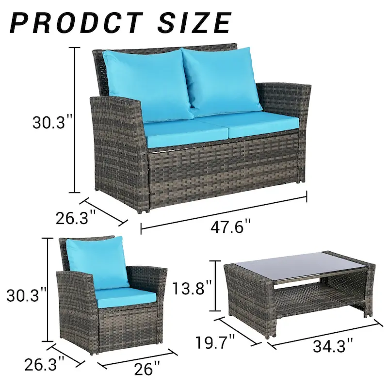 4-Piece Rattan Conversation Sofa Set with Glass Table