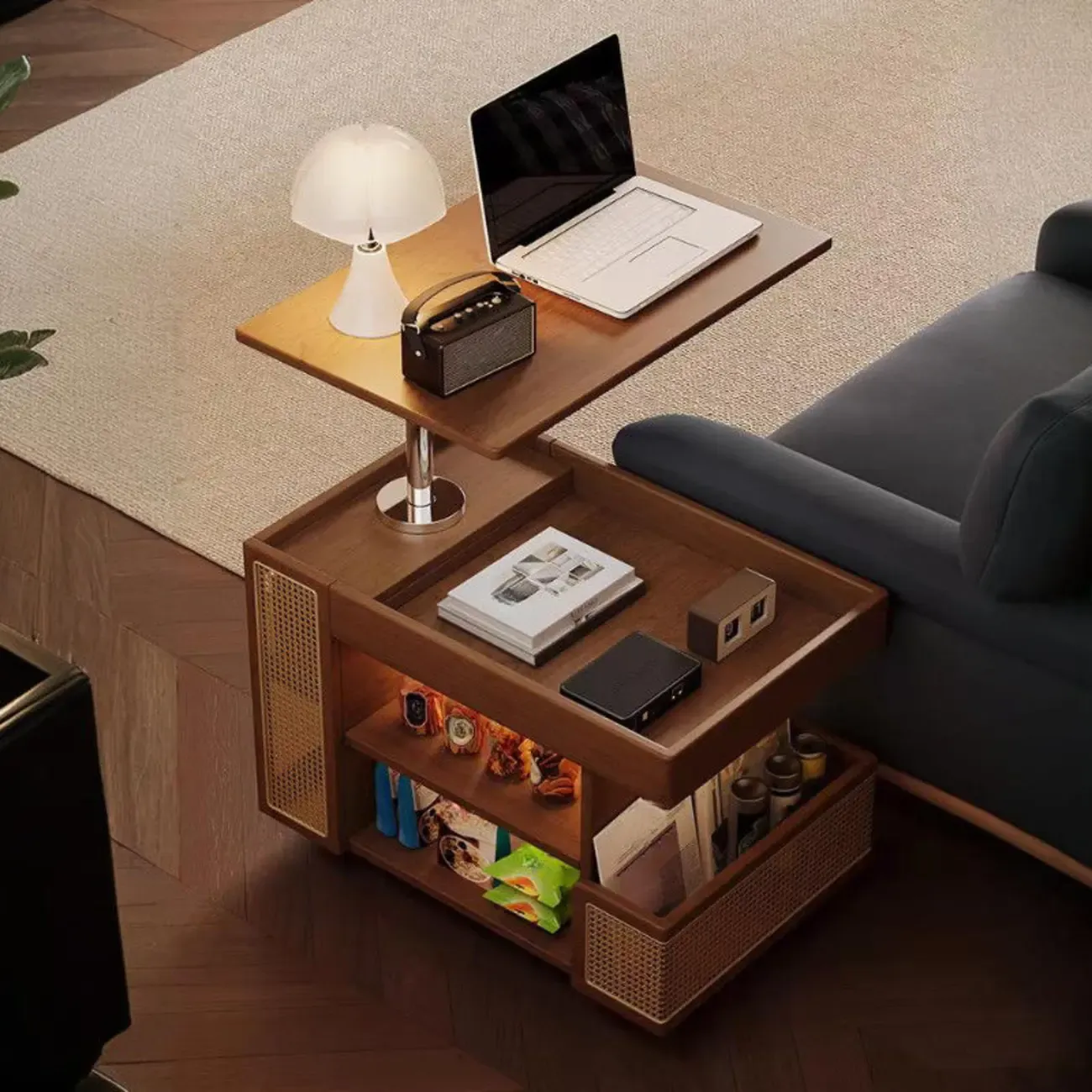 Swivel Tabletop Adjustable Wood Side Table with Wheels