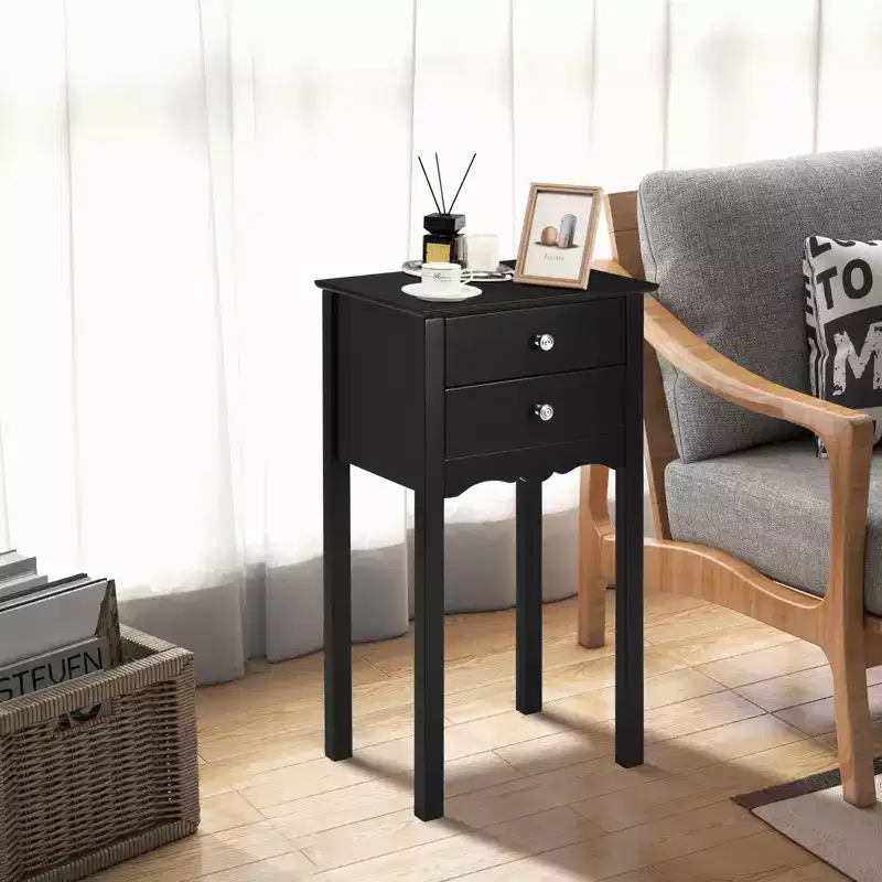 Costway Side Table End Accent Table Night Stand W/ 2 Drawers Furniture Black