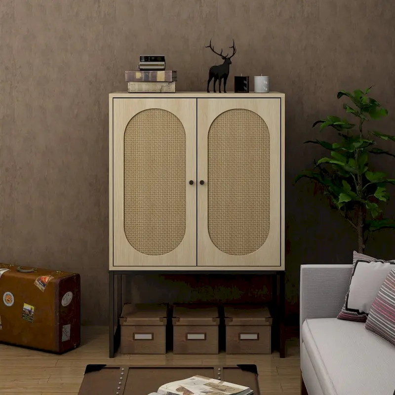 Natural Rattan Tall Storage Cabinet with Metal Legs