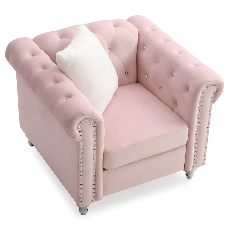 Solid Tufted Velvet Accent Chair with Throw Pillow - 38 - Pink