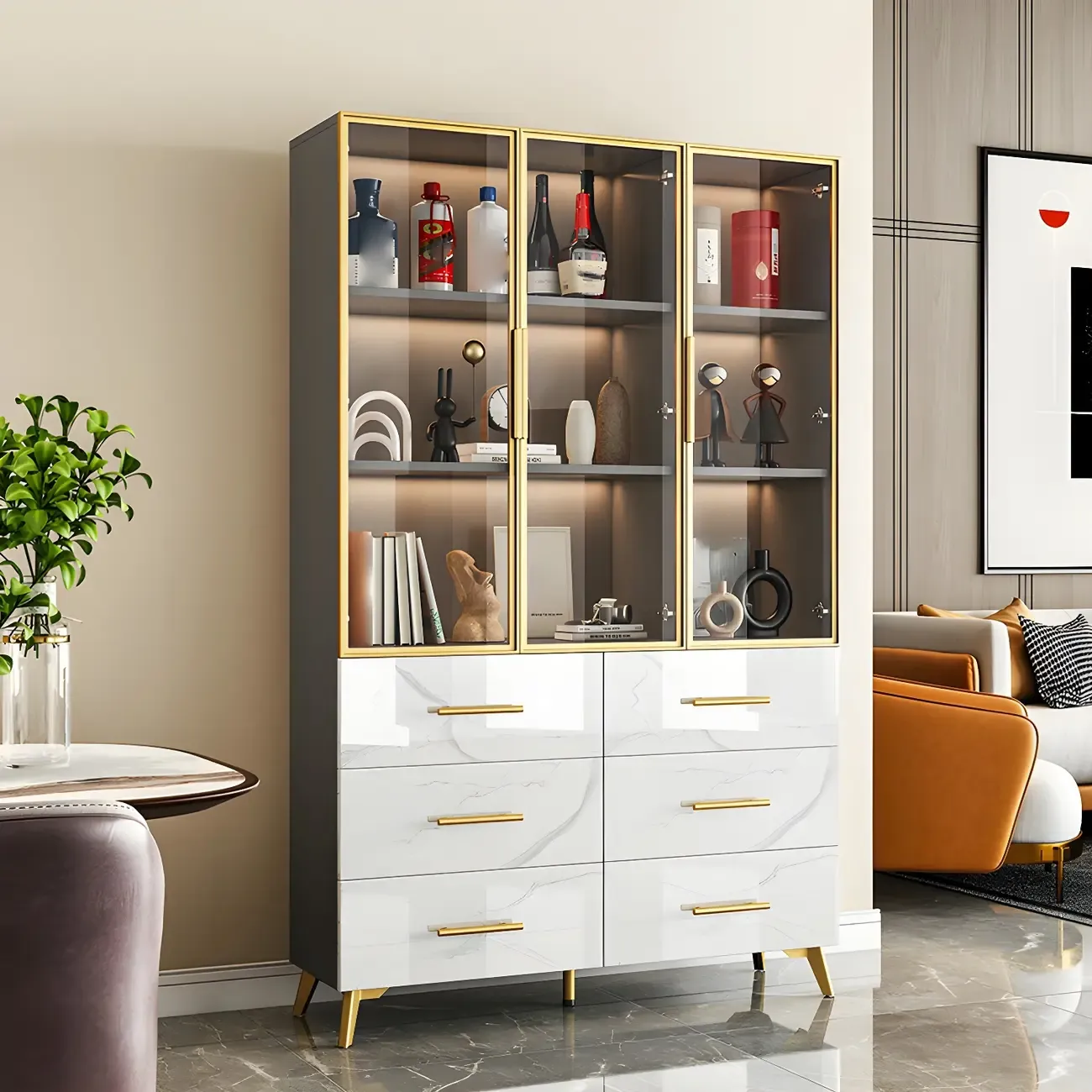Modern Gold White Marble-Textured Wood Glass Versatile Cabinet