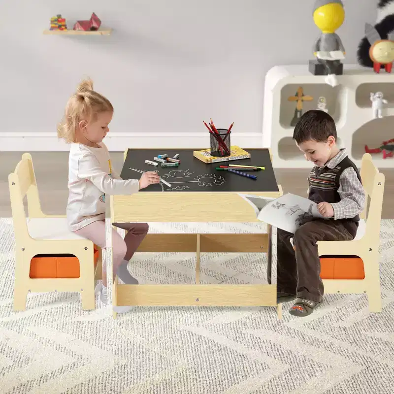 Beige Kids Wood Table and Chair Set for 2
