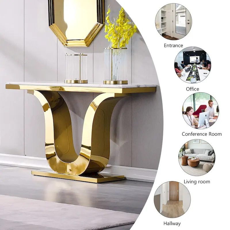50 inch Luxury Console Table Rectangle Living Room White Sofa Entryway Table with Stainless Steel U Base