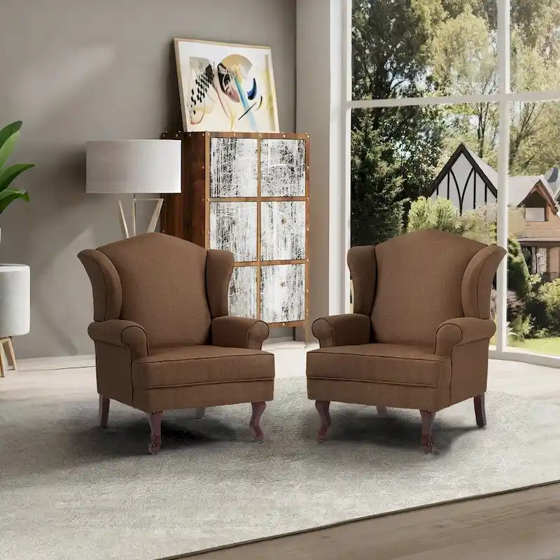 2 Set Traditional Wingback Accent Chairs Upholstered Armchair