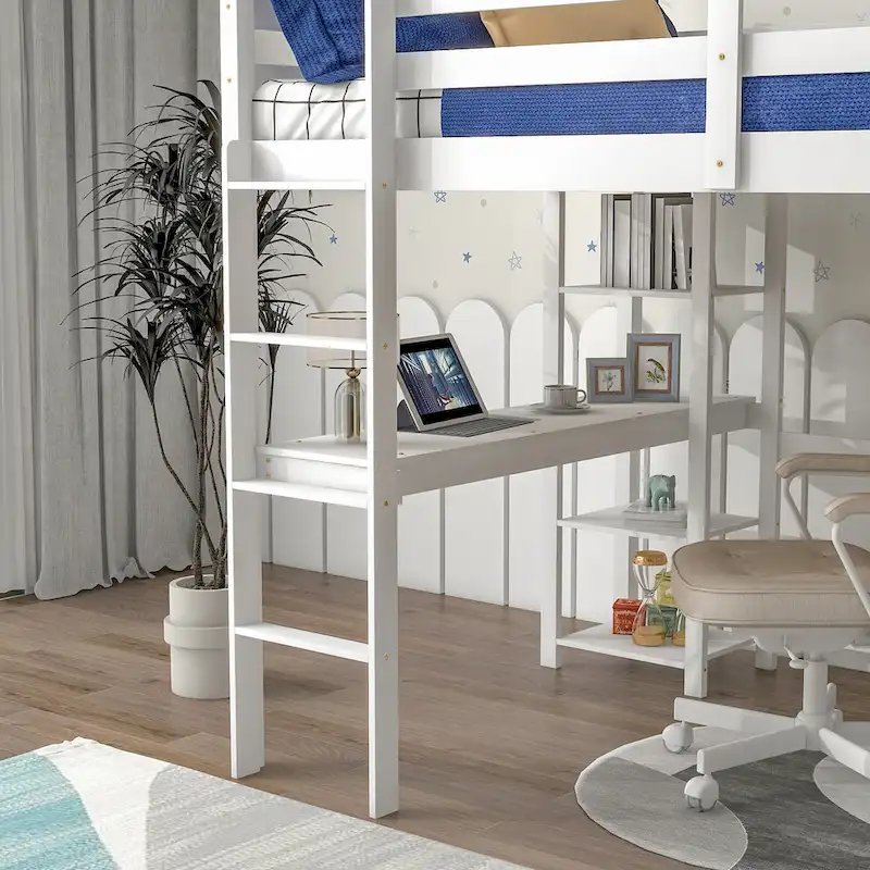 Full Loft Bed with Desk ,Shelves and Ladder, Grey