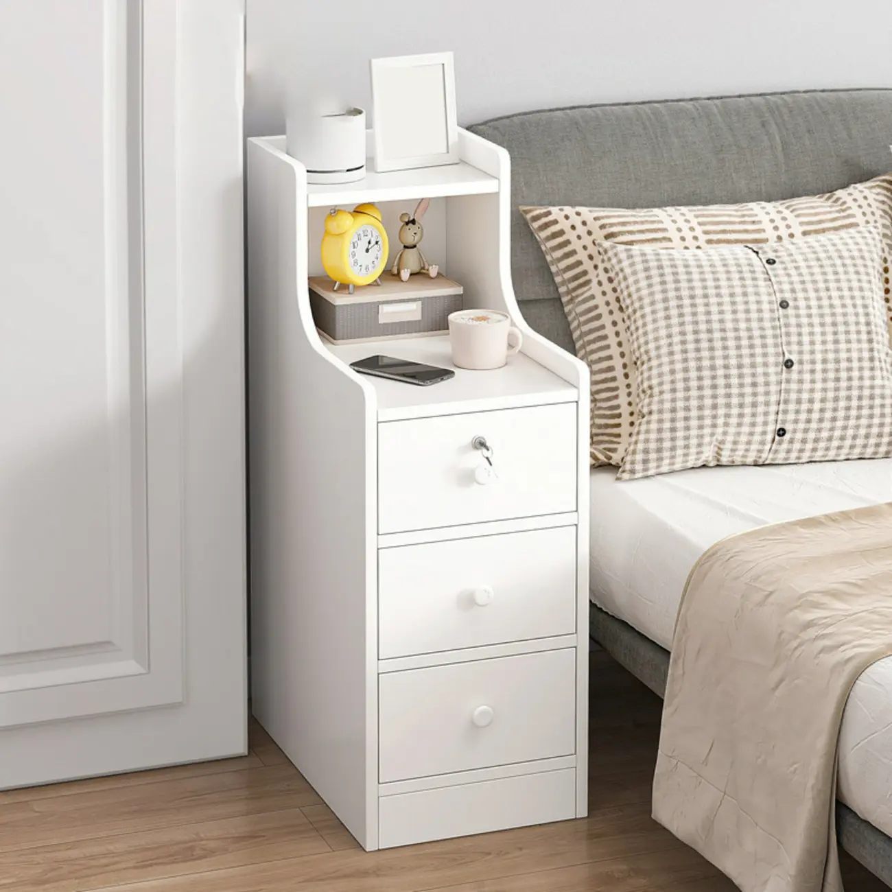 Narrow White Wood Nightstand with Drawers & Shelf