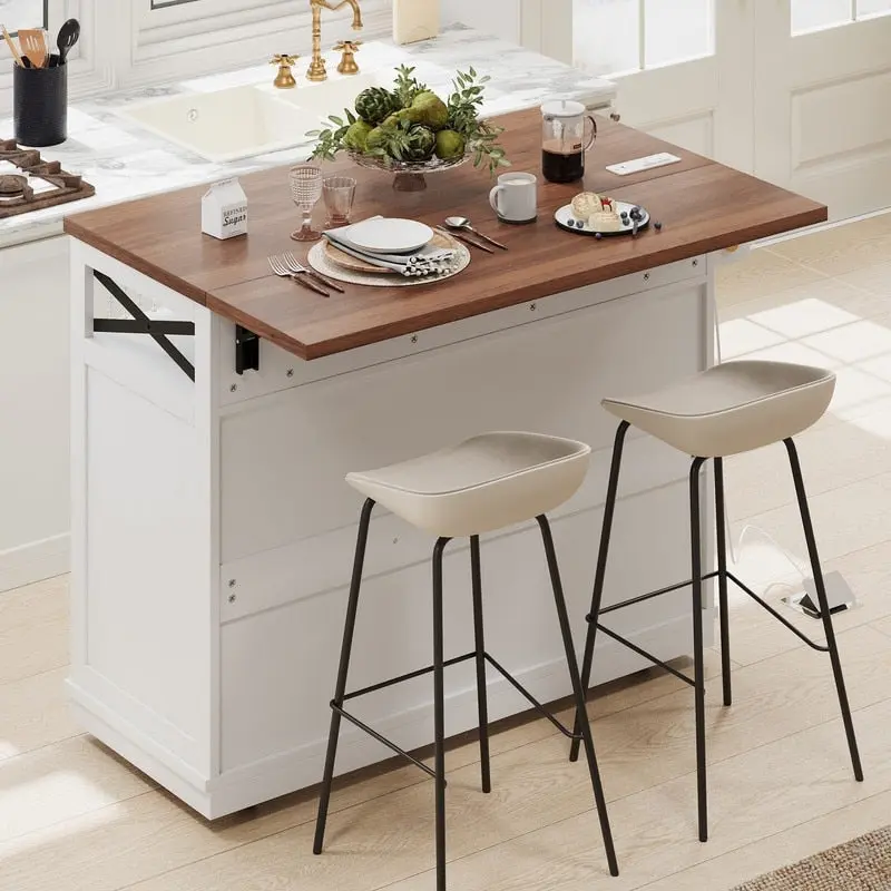 Farmhouse 46.5 Kitchen Island with Power Outlet, Rolling Kitchen Cart on Wheels with Drop Leaf