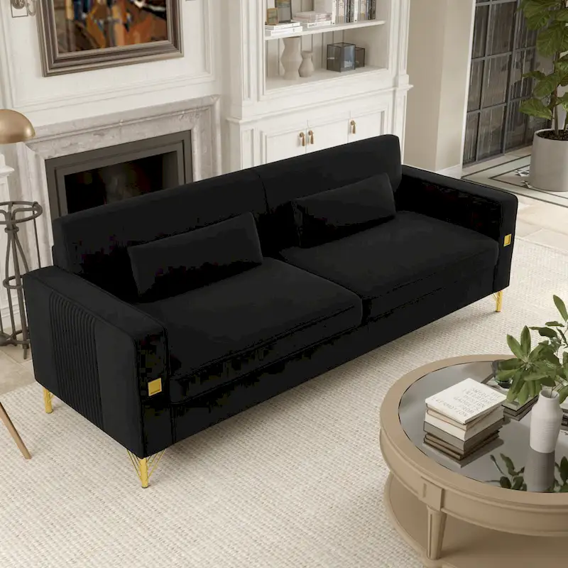 Black 85.63 Velvet 3-Seater Sofa with Gold Accents