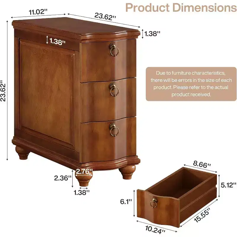 Tribesigns Wood Fully Assembled End Table, 3-Drawers Narrow Slim Side Table, Nightstand for Bedside, Small Spaces, Living Room, Bedroom, Walnut Brown
