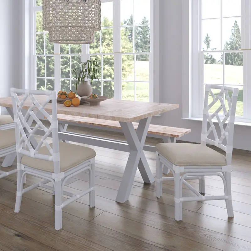 Natural Rattan Handmade Chippendale Cushioned Dining Chairs by