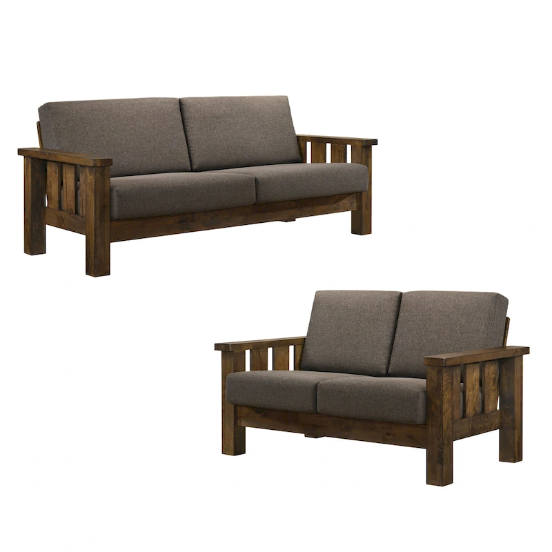 Jimo Rustic Oak and Linen Fabric 2-Piece Sofa Set by Furniture of America