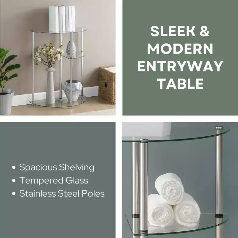 Breighton Home Designs2Go Classic Glass 3 Tier Display Entryway Hall Table in Glass/Chrome