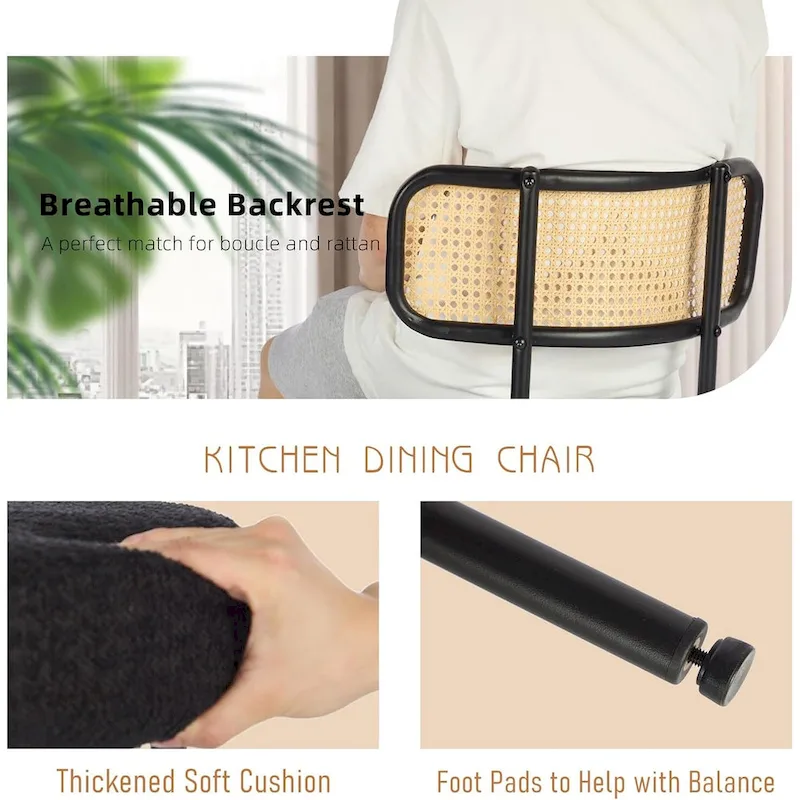 XINMICS Mid-Century Modern Dining Chairs, Boucle Upholstered Metal Side Chair with Rattan Cane Back, Set of 2 - set of 2