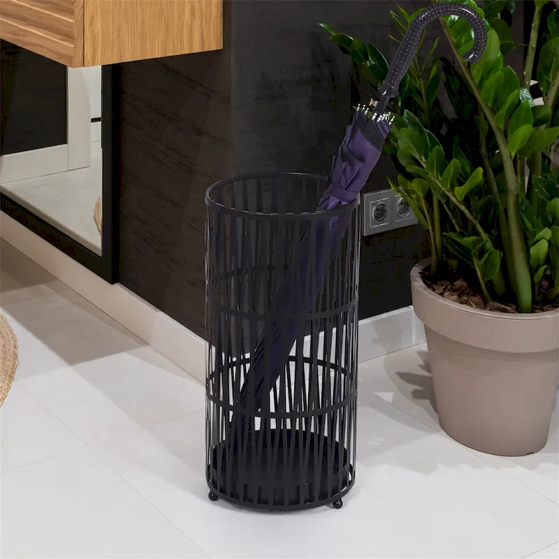 ADECO Stand Gold / Black Round RackMetal Umbrella Cane Walk Stick Drip Tray - 9. 2 x9. 2 x19