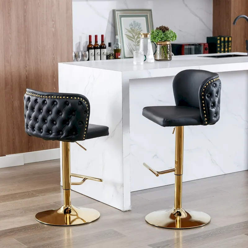 Set of 2 Swivel Adjustable Bar Stools with Tufted Back