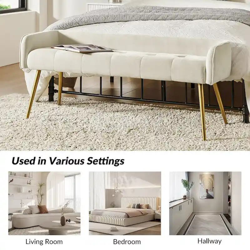 Luis Modern Upholstered Low Back Bench with Sturdy Golden Metal Tapered Leg by HULALA HOME
