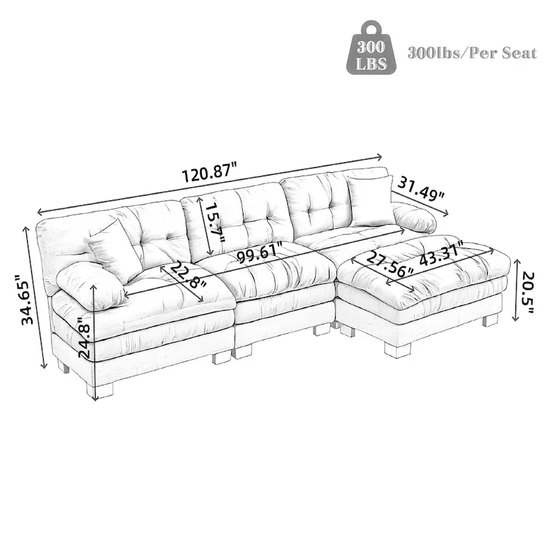 120.87 Chenille L-Shaped Sleeper Sectional Sofa with Ottoman