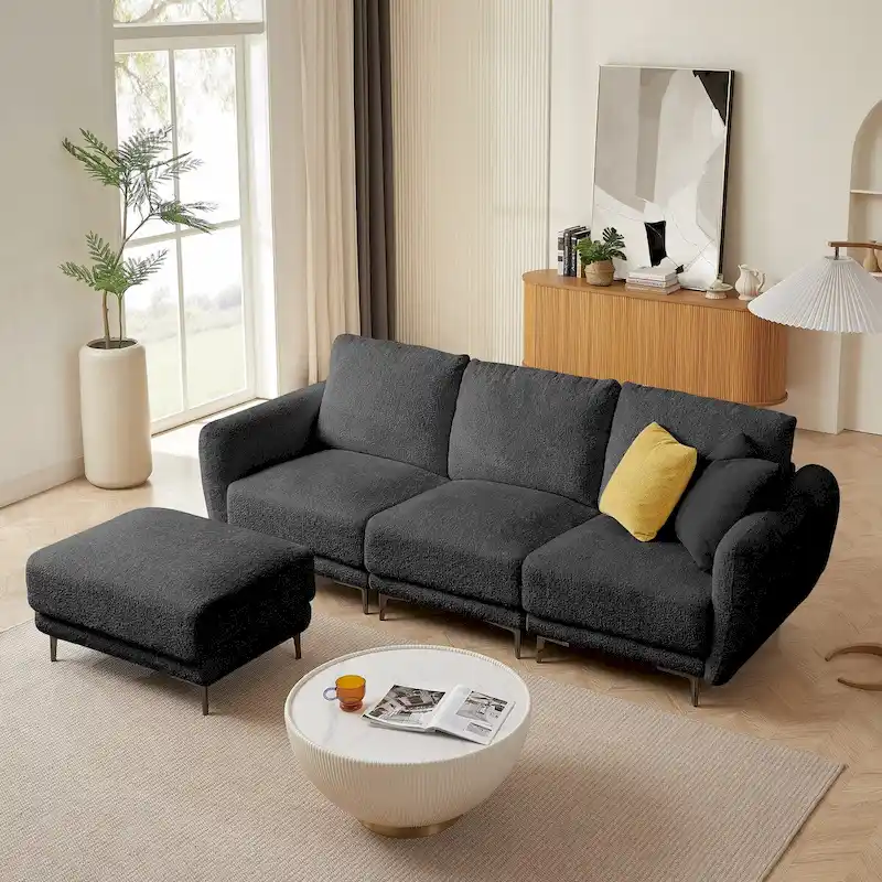 Convertible Sectional Sofa Couch, 3 Seat L-Shaped Sofa with Lamb Fabric, Movable Ottoman