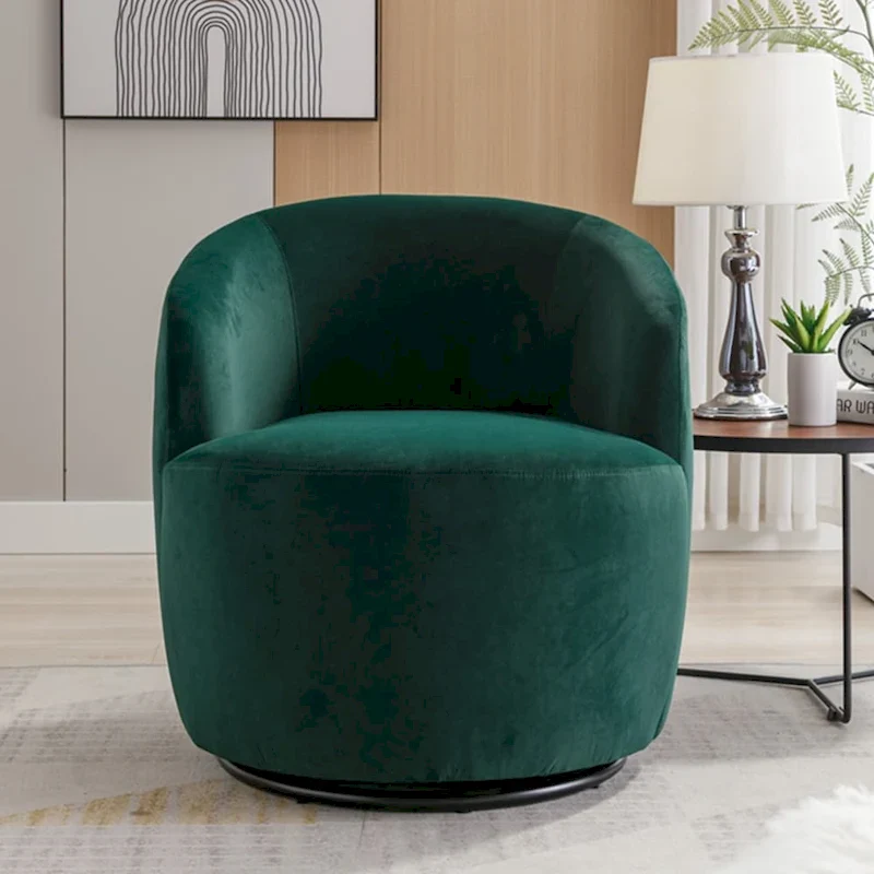 Velvet Fabric Swivel Accent Armchair Barrel Chair With Powder Coating Metal Ring