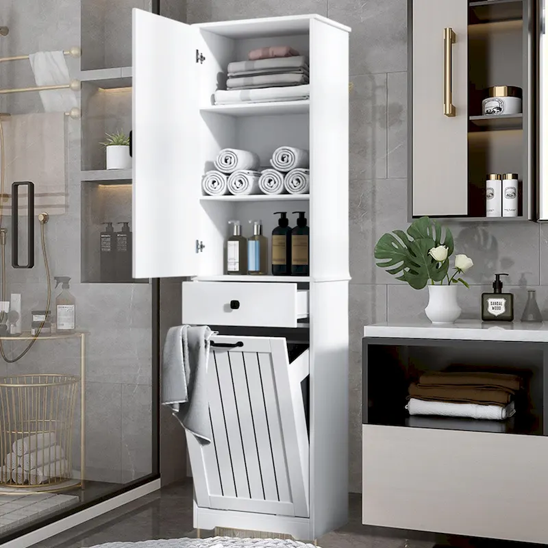 Laundry Cabinet With Doors And 1 Drawer,Tilt-Out Laundr Hamper,Adjustable Shelf, Linen Cabinet