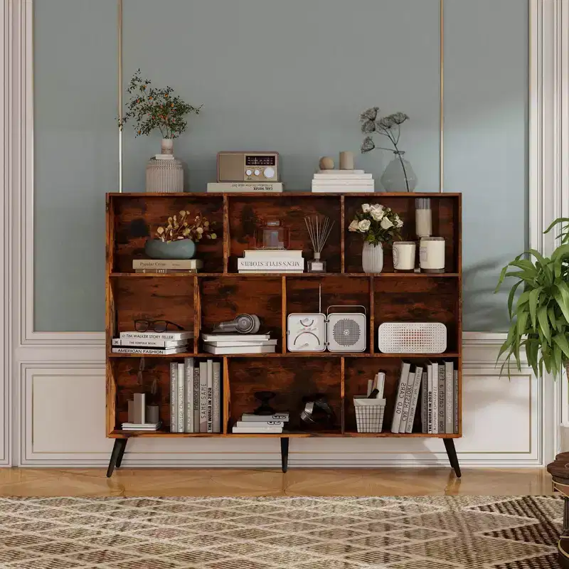 10-Cube Storage Shelf Bookcase, Wood Cube Storage Organizer, Wooden 3-Tier Bookcase for Living Room/Office, Display Cabinet, Home Decor Storage Cubes