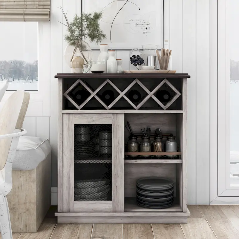 DH BASIC Farmhouse Four Shelf and Four Bottle Lattice-like Wine Buffet by Denhour