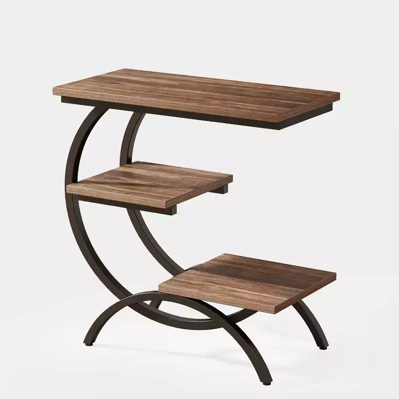 Industrial 3-Tier C-Shaped Side End Table – Brown / Light Brown / White