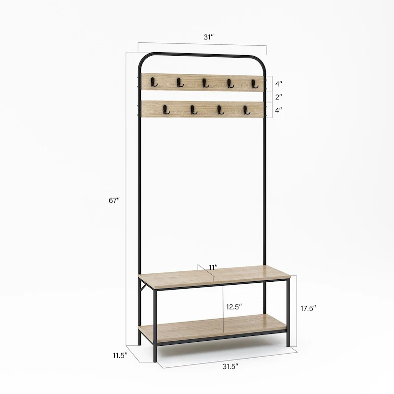 Lotus Home Oak Color Hall Tree 32 Wide with Bench and Shoe Storage - 31.5*11.5*67 inches