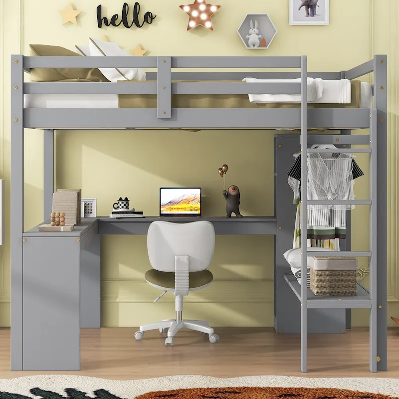 Solid Wood Loft Bed with L-shaped Desk, Wardrobe, and Shelves