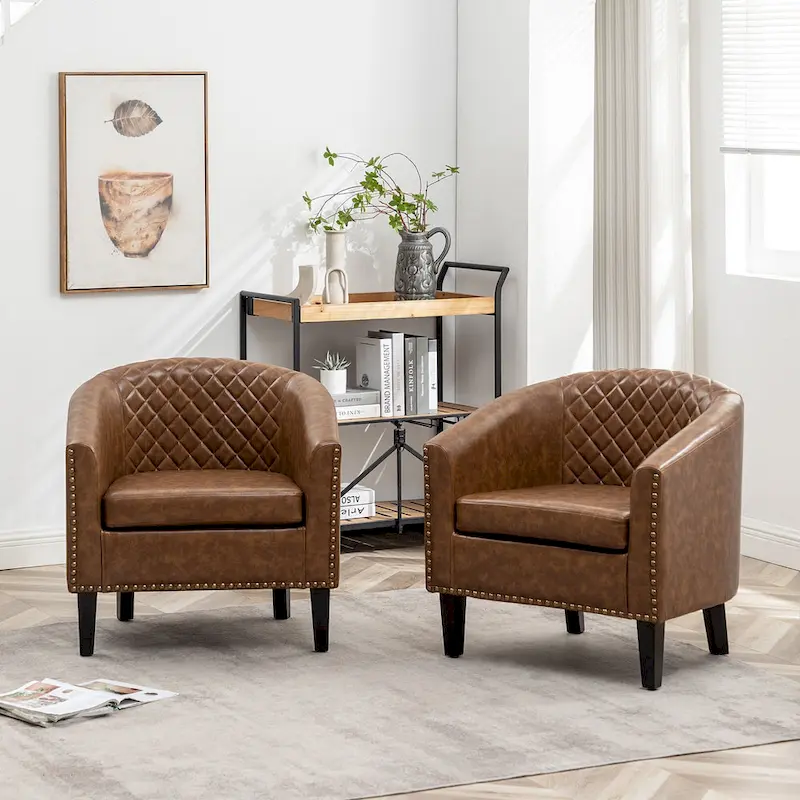 KINWELL 29 PU Faux Leather Club Armchair with Nailheads, Set of 2