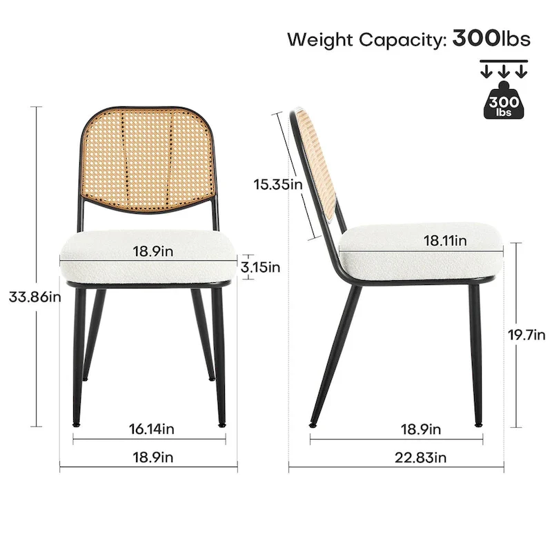 Upholstered Rattan Dining Chairs Side Chair Set of 2 - 33.86H x 18.9W x 22.83D