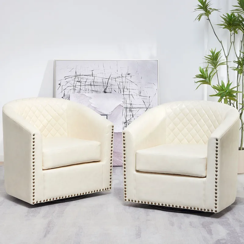 KINWELL 29 Wide Tufted PU Leather Swivel Barrel Chair (Set of 2)